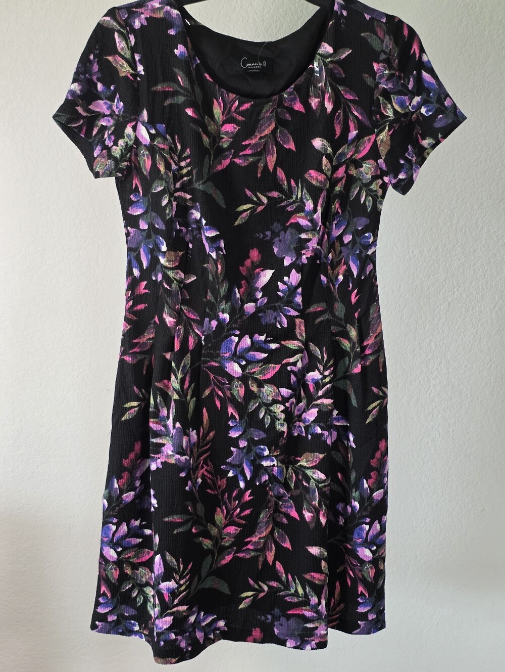 Connected Apparel Size 6 Black Floral Fit Flare A-Line Midi Dress Pink Purple - Picture 5 of 9